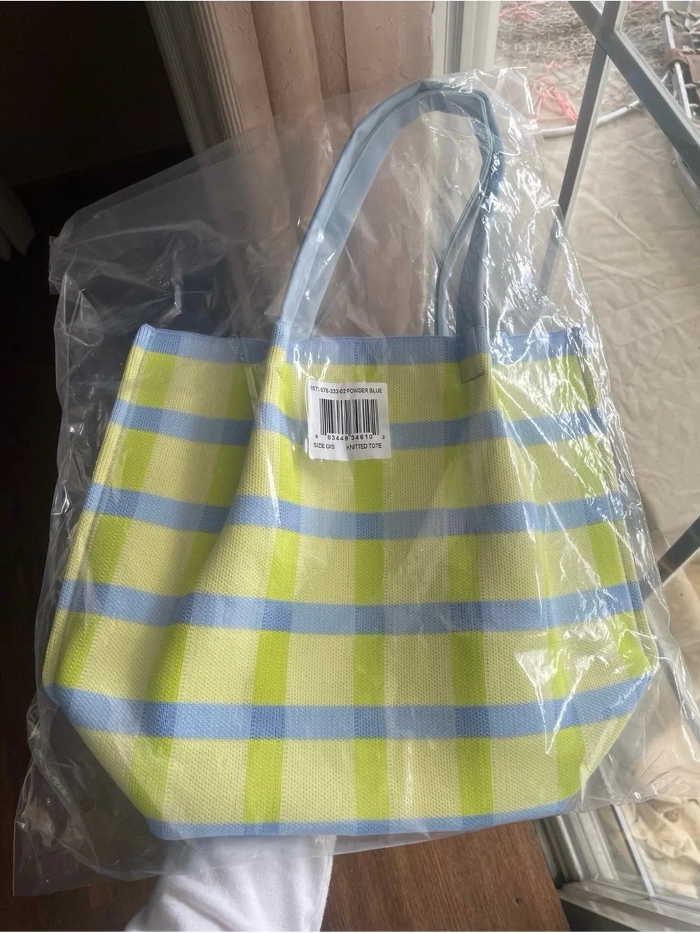 Neiman Marcus Light Blue & Lime Plaid Tote Bag
